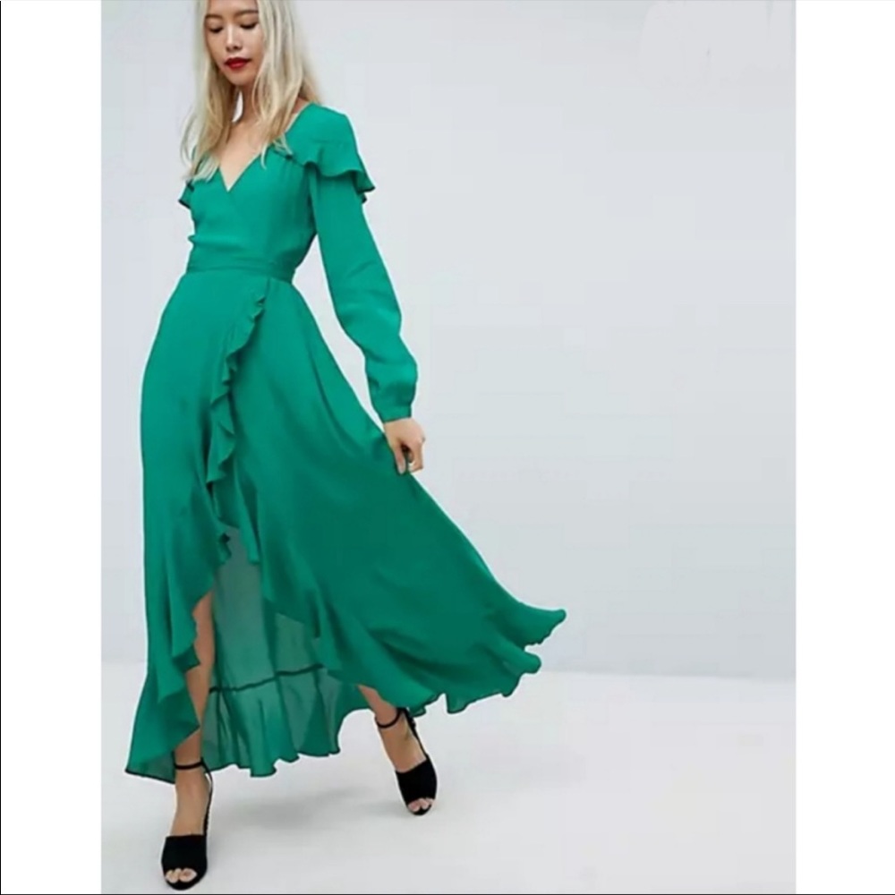ASOS Long Sleeve Ruffle Wrap Maxi Tea Dress, 2